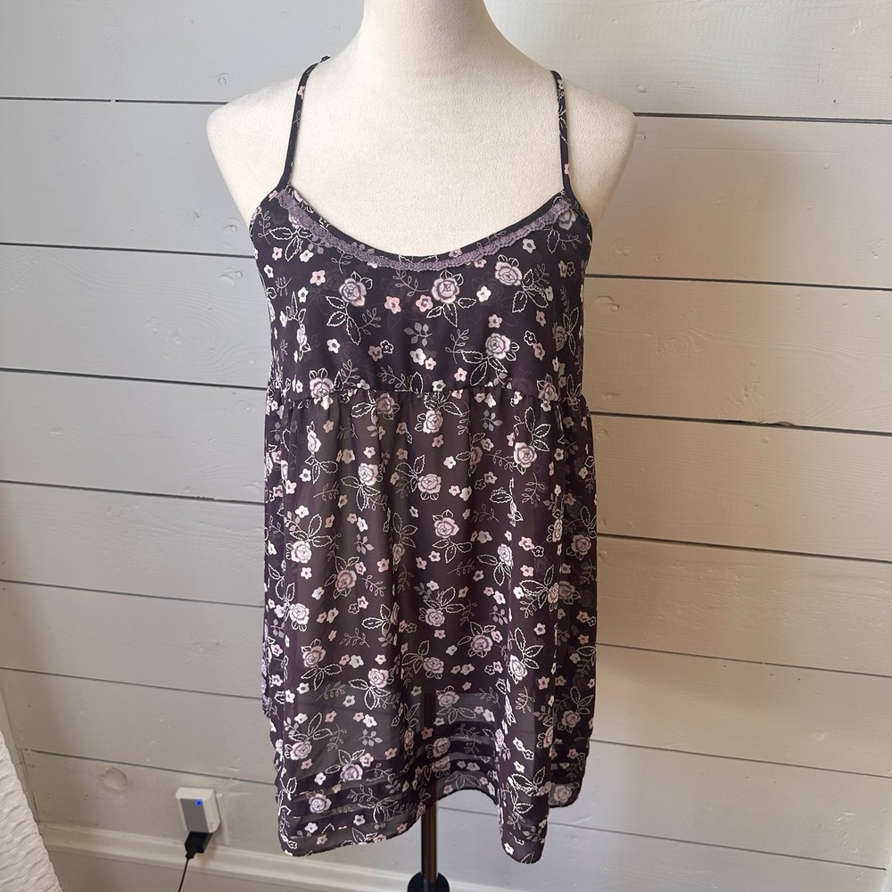 Victorias Secret Babydoll Camisole Tank M Purple Floral Sheer Coquette Y2K Fairy